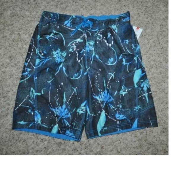 Mens Speedo Swim Suit Trunks Medium Blue Splatter Floral Lined Shorts 9" Inseam - Picture 2 of 6